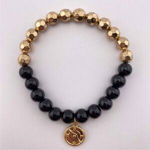 5/$20 Compass Charm Beaded Bracelet Black and Gold Tone